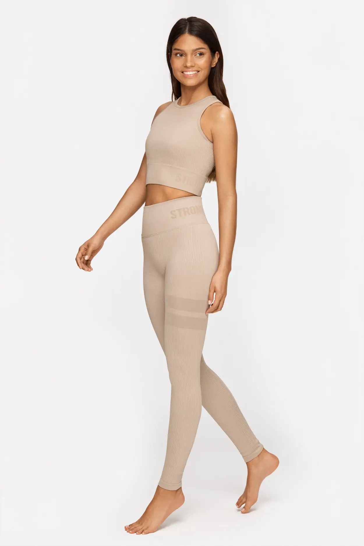 Taupe Seamless Long Sleeve Rib Detail Sports Top