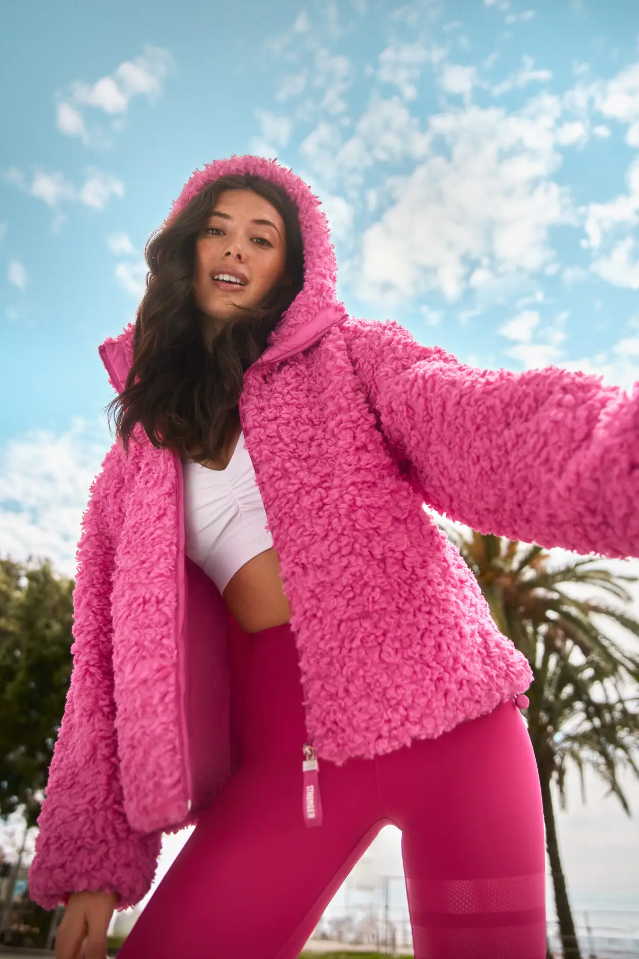 Pink fluffy hooded jacket best sale