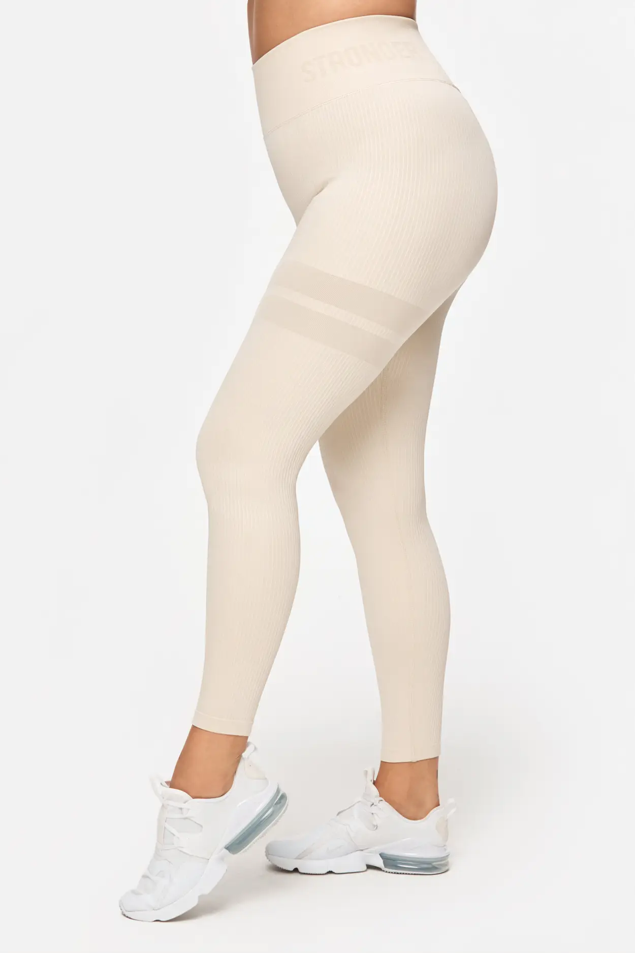 Beige Stretchy Seamless Ribbed High Waisted Gym Leggings –