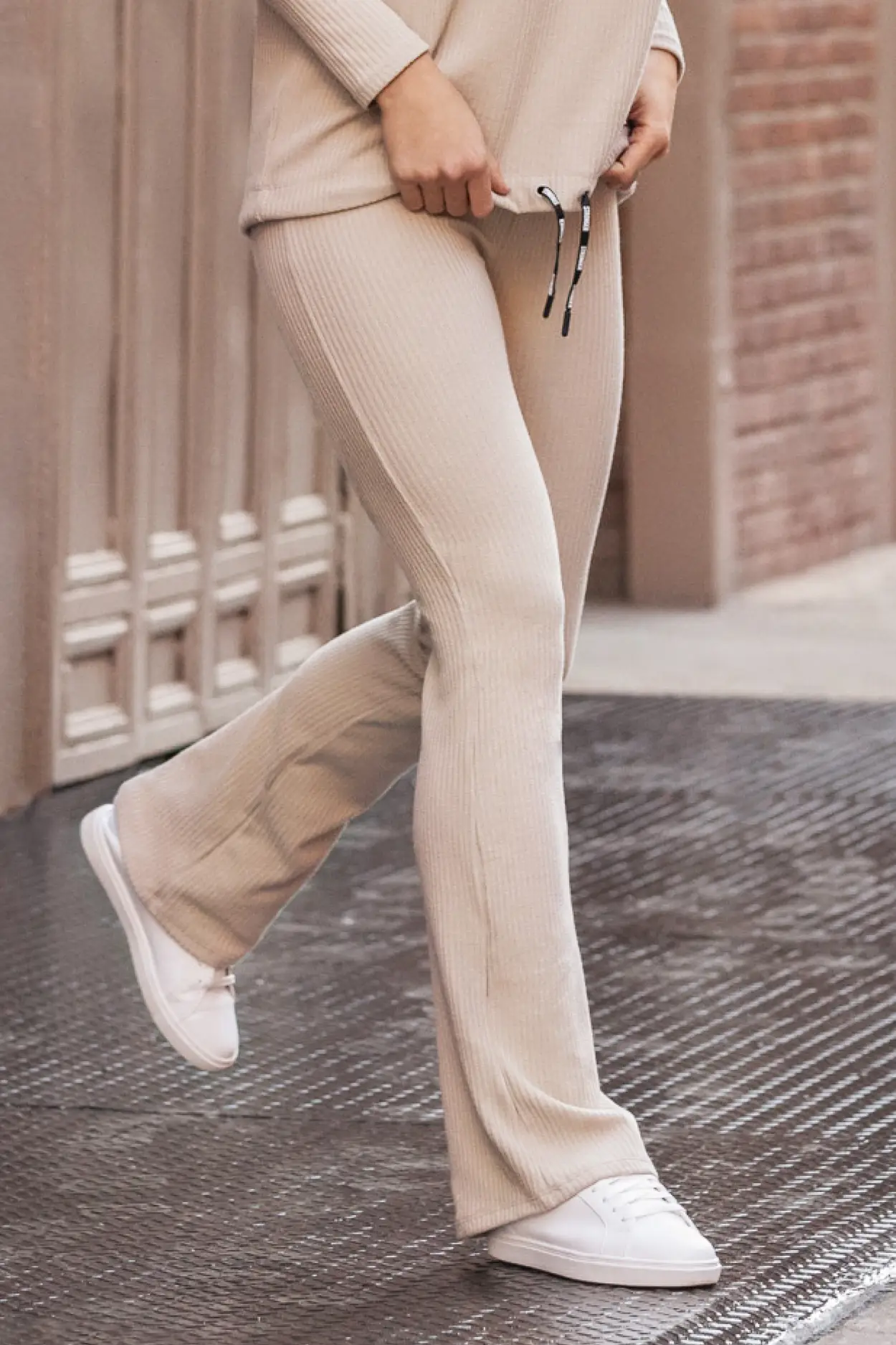 Beige Ribbed Flared Trousers